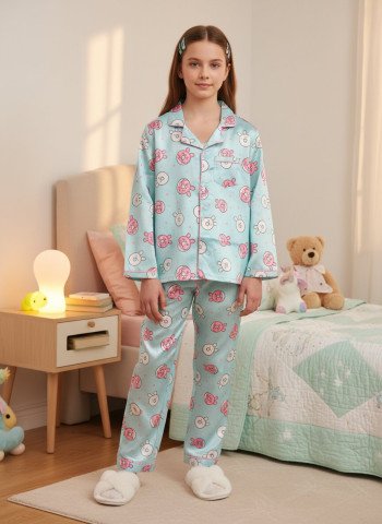 Aqua Blue & Pink Bunny Print Satin Night Suit