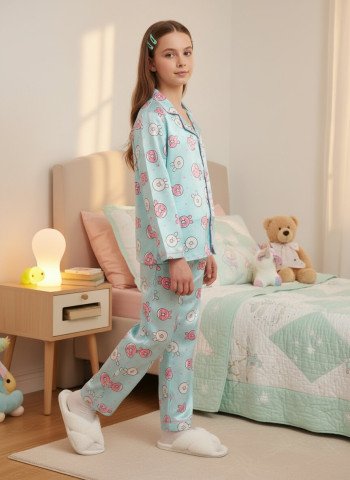 Aqua Blue & Pink Bunny Print Satin Night Suit