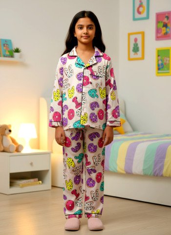 Colorful Donut Print 100  Cotton Unisex Kids Night Suit