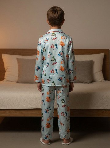 Kids Premium Cotton Printed Full Sleeve Night Suit     Light Blue