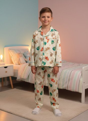 Kids Premium Satin Adventure Vehicle Printed Full Sleeve Night Suit – Cream