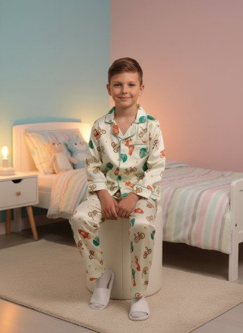 Kids Premium Satin Adventure Vehicle Printed Full Sleeve Night Suit – Cream