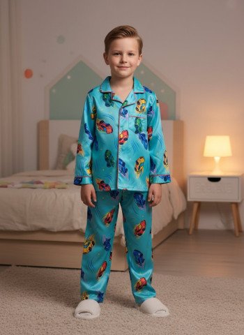 Kids Premium Satin Aqua Blue Racing Car Printed Full Sleeve Night Suit