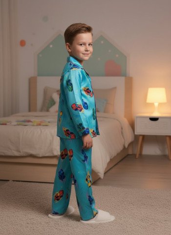 Kids Premium Satin Aqua Blue Racing Car Printed Full Sleeve Night Suit