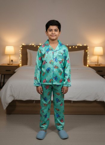 Kids Premium Satin Aqua Green Colourful Cartoon Printed Full Sleeve Night Suit