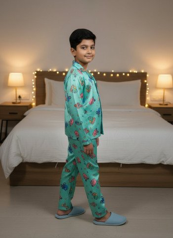 Kids Premium Satin Aqua Green Colourful Cartoon Printed Full Sleeve Night Suit