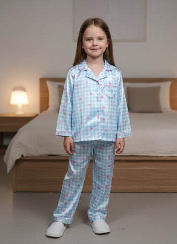 Kids Premium Satin Blue Check & Heart Full Sleeve Night Suit