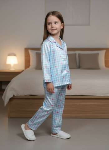 Kids Premium Satin Blue Check & Heart Full Sleeve Night Suit