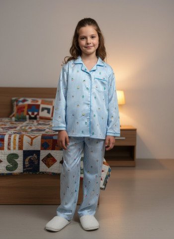 Kids Premium Satin Blue Striped Printed Full Sleeve Night Suit