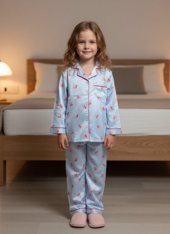 Kids Premium Satin Blue Stripe & Bow Print Night Suit