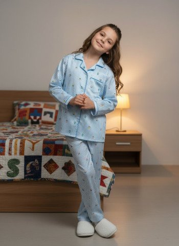 Kids Premium Satin Blue Striped Printed Full Sleeve Night Suit