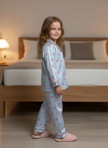 Kids Premium Satin Blue Stripe & Bow Print Night Suit