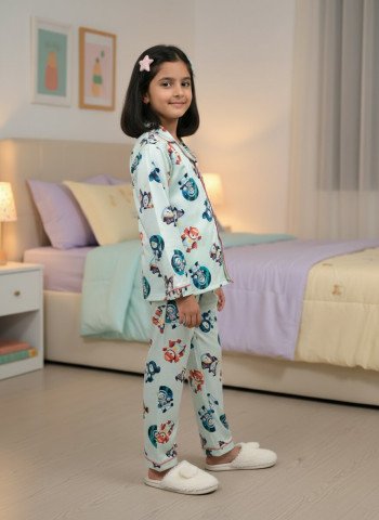 Kids Premium Satin Cartoon Printed Full Sleeve Night Suit – Light Mint