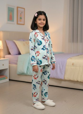 Kids Premium Satin Cartoon Printed Full Sleeve Night Suit – Light Mint
