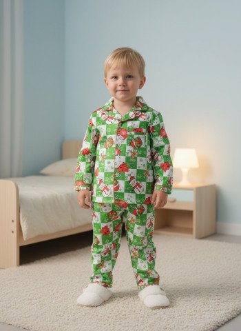 Kids Premium Satin Christmas Check Printed Full Sleeve Night Suit – Green