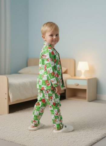 Kids Premium Satin Christmas Check Printed Full Sleeve Night Suit – Green