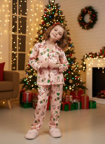Kids Premium Satin Christmas Printed Full Sleeve Night Suit – Rose Pink