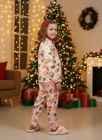 Kids Premium Satin Christmas Printed Full Sleeve Night Suit – Rose Pink
