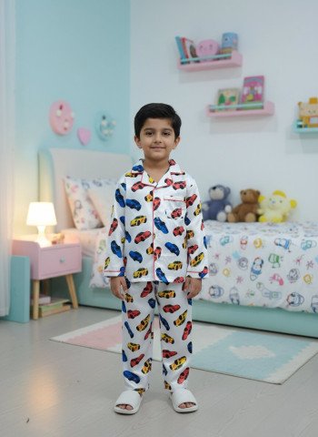 Kids Premium Satin Colorful Car Printed Full Sleeve Night Suit – White