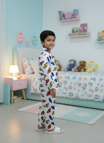 Kids Premium Satin Colorful Car Printed Full Sleeve Night Suit – White