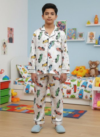 Kids Premium Satin Colourful Car Print Night Suit