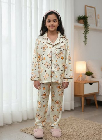 Kids Premium Satin Cream Cute Bear Printed Full Sleeve Night Suit