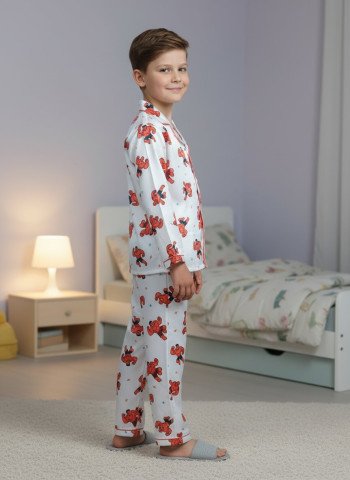 Kids Premium Satin Cream Cute Bear Printed Full Sleeve Night Suit
