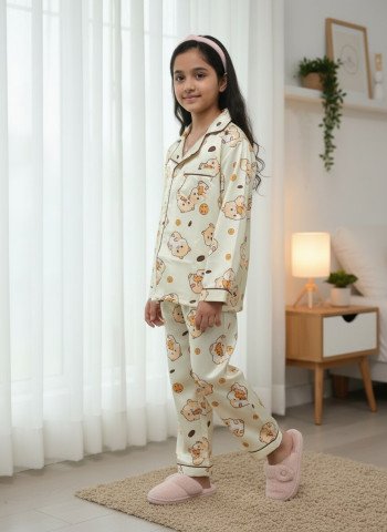 Kids Premium Satin Cream Cute Bear Printed Full Sleeve Night Suit