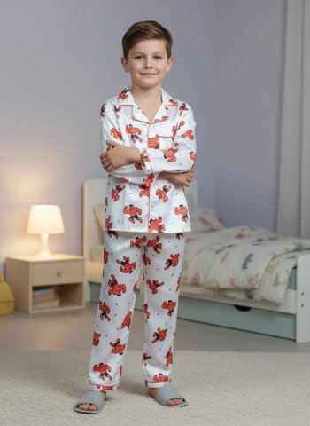 Kids Premium Satin Cream Cute Bear Printed Full Sleeve Night Suit