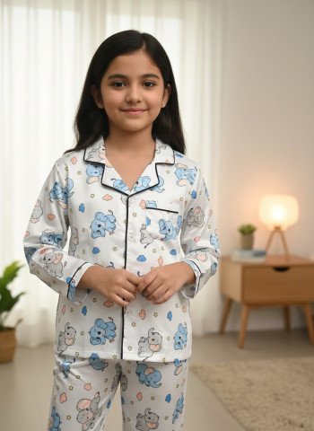 Kids Premium Satin Cute Elephant Print Night Suit