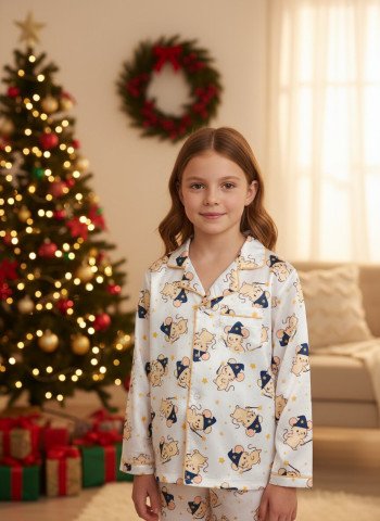 Kids Premium Satin Cute Mouse Printed Full Sleeve Night Suit     White