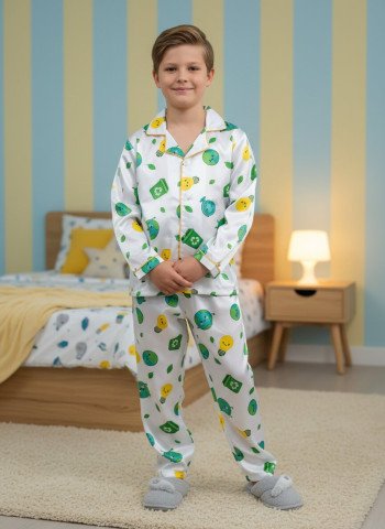 Kids Premium Satin Eco Planet Printed Full Sleeve Night Suit – White