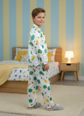 Kids Premium Satin Eco Planet Printed Full Sleeve Night Suit – White