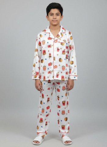 Kids Premium Satin Fast Food Print Night Suit