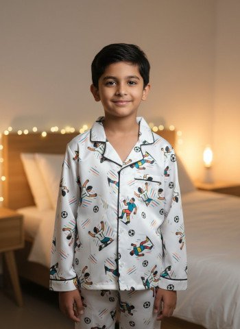 Kids Premium Satin Football Player Printed Full Sleeve Night Suit