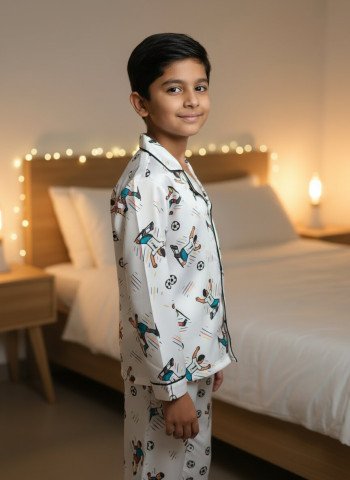 Kids Premium Satin Football Player Printed Full Sleeve Night Suit