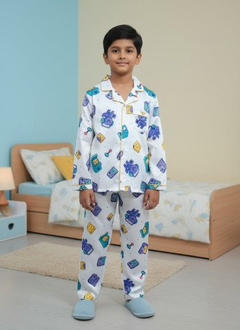Kids Premium Satin Gaming Print Full Sleeve Night Suit – White