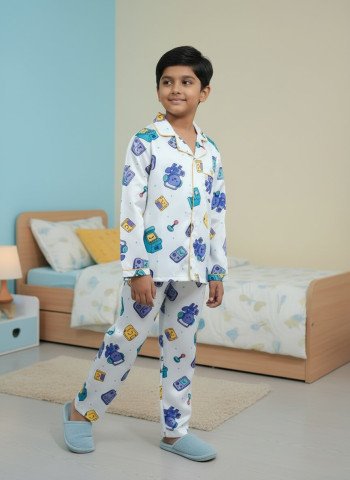 Kids Premium Satin Gaming Print Full Sleeve Night Suit – White