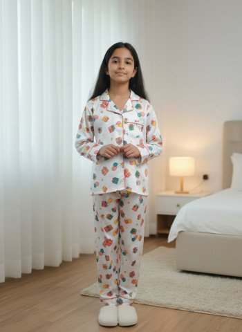 Kids Premium Satin Gift & Balloon Printed Full Sleeve Night Suit – White
