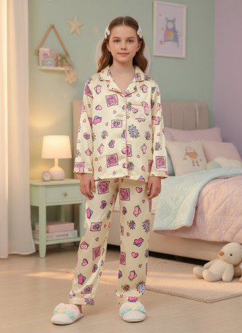 Kids Premium Satin Heart & Pop-Art Print Night Suit