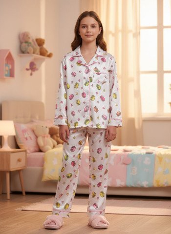 Kids Premium Satin Macaron & Heart Print Night Suit