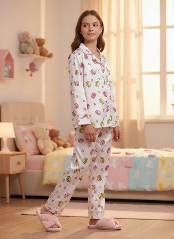 Kids Premium Satin Macaron & Heart Print Night Suit