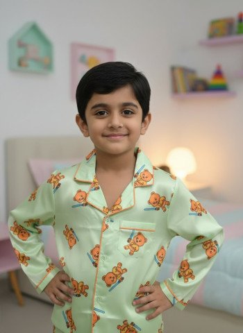 Kids Premium Satin Mint Green Teddy Bear Printed Full Sleeve Night Suit