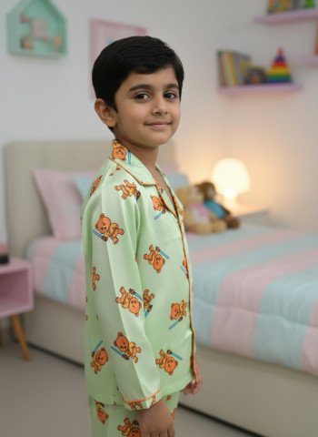 Kids Premium Satin Mint Green Teddy Bear Printed Full Sleeve Night Suit