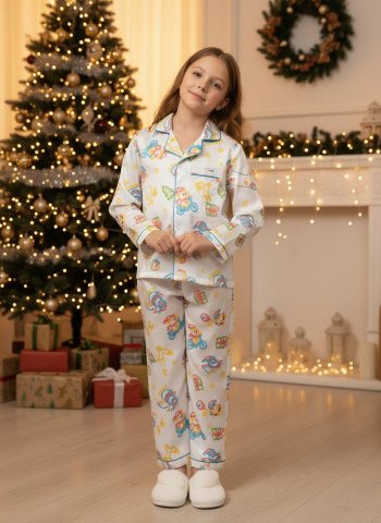 Kids Premium Satin Multicolour Printed Full Sleeve Night Suit – White