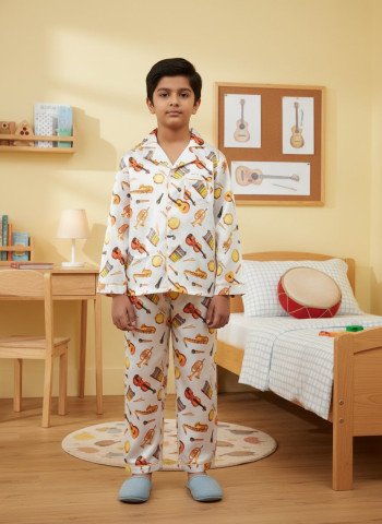 Kids Premium Satin Musical Instruments Print Night Suit