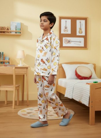 Kids Premium Satin Musical Instruments Print Night Suit