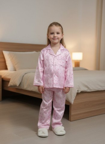 Kids Premium Satin Pink Checkered Full Sleeve Night Suit