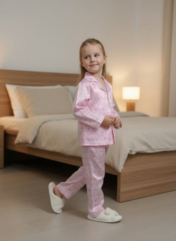 Kids Premium Satin Pink Checkered Full Sleeve Night Suit