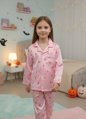 Kids Premium Satin Pink Heart Print Full Sleeve Night Suit